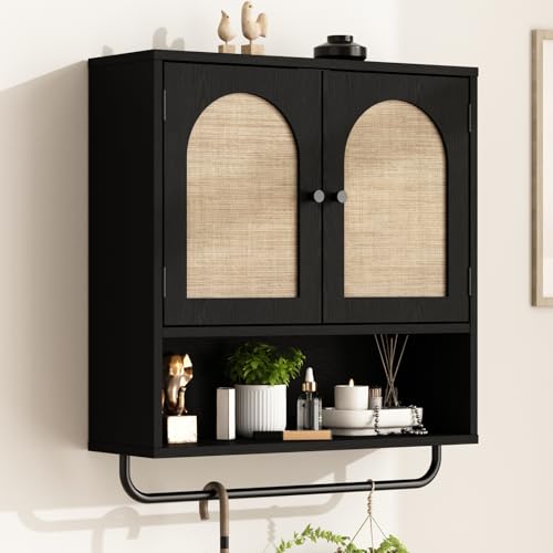 Rattan Bathroom Wall Cabinet (Black / 2 Doors)