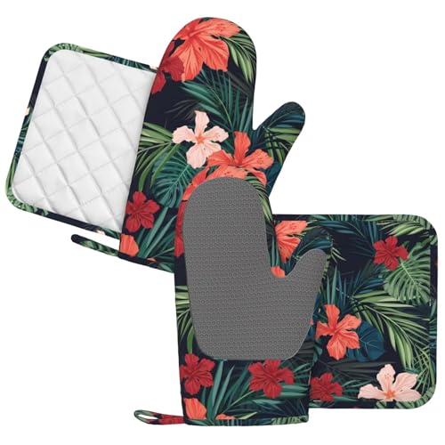 Tropic Hawaiian Hibiscus Flower Oven Mitts Pot Holders Set Silicone Heat Resistant Green Leaves Red Floral Oven Mitts and Hot Pads Potholders Non (Red Green)