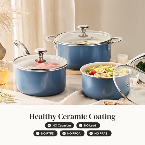 Ceramic Stock Pots Set 5QT (Blue / 6pc Set)