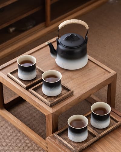 Japanese Tea Set with 4 Cups (Black/White / 33.8oz Teapot&4 of 8oz Cups)