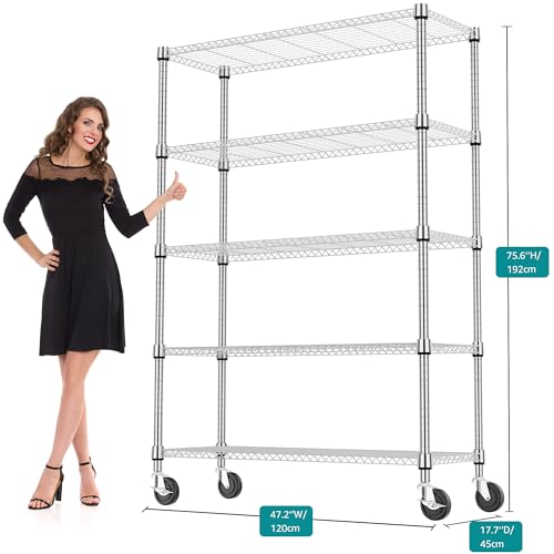 1750LBS 47.2" W 5 Tiers Storage Shelves Metal Shelving Unit with Wheels Heavy Duty Garage Shelving Adjustable Wire Shelves for Pantry (5 tier, 17.7" D x 47.2" W x 76.8" H / Chrome)