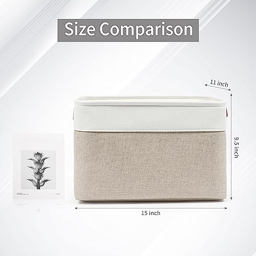 Storage Bins Large Fabric Storage Baskets for Shelves 3 Pack (Beige / Off-White / Large -15"x11"x9.5")