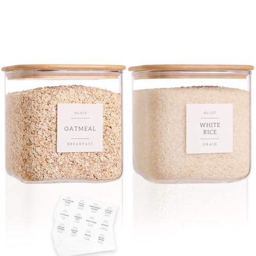 2 Pack Square Glass Flour and Sugar Containers with 132 Kitchen Pantry Labels (85OZ)