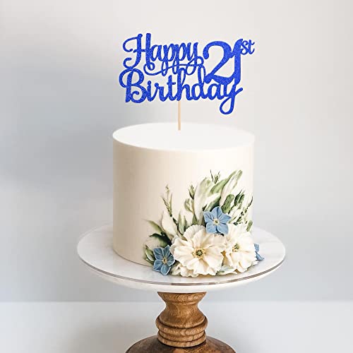 1 PCS Happy 21st Birthday Cake Topper Glitter Cheers to 21 Years Cake Pick 21 Fabulous Cake Decoration for 21st Birthday Theme Party Decorations Supplies Blue (Blue / 21st)