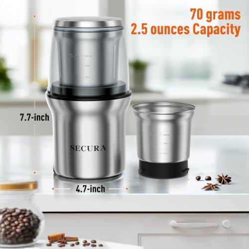 Electric Coffee and Spice Grinder (Stainless / 2 removable bowl)
