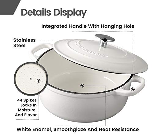Dutch Ovens Enameled Cast Iron Covered 5.5 Quart Dutch Oven with Dual Handle for Bread Baking (White / 5.5QT)