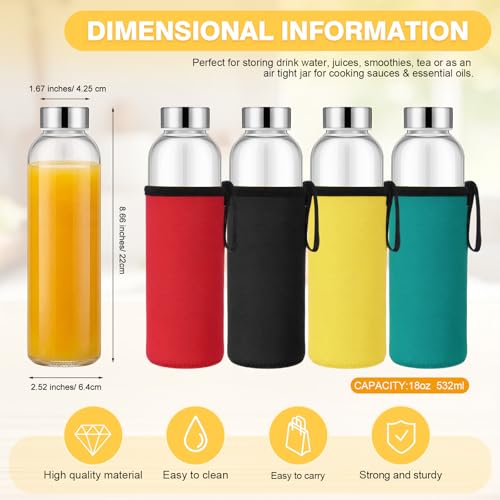 12 Pack Glass Water Bottles with Sleeves (Low Profile / Multicolored)