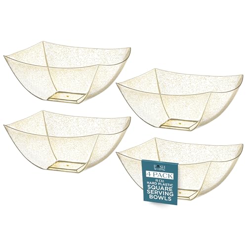4 Pack Disposable Gold Plastic Serving Bowls Square Party Candy Use 8oz (8 OUNCE / GOLD GLITTER)