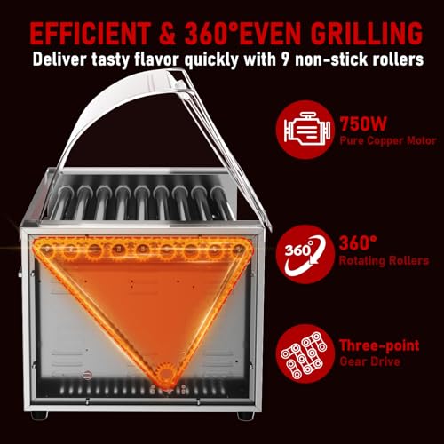 Hot Dog Roller 9 Rollers 24 Hot Dogs (9 Roller W/Cover &Bun Warmer)