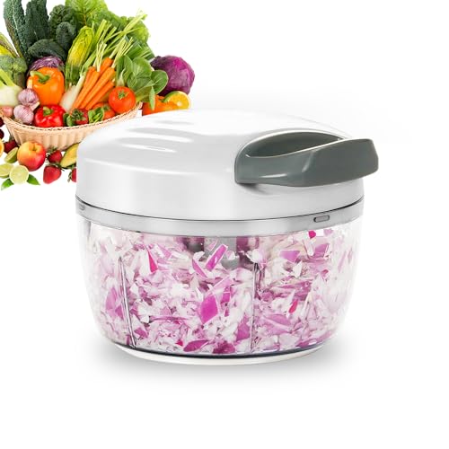 Manual Food Processor Vegetable Chopper 2.3 Cup Small Mini Hand Pull String Onion Chopper Garlic Mincer Cutter with 3 Stainless Steel Blades (White Grey - 2.3 Cup)