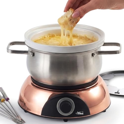 Electric Fondue Pot Set for Cheese (C. Stainless Steel/Ceramic Pots, Rose-gold Base)