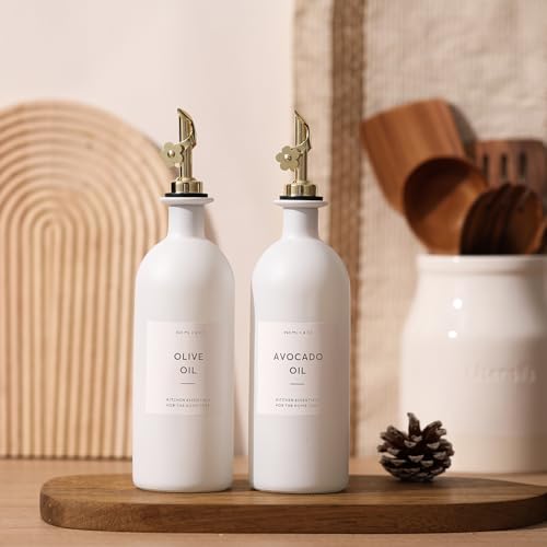 Olive Oil Dispenser for Kitchen (16oz-White&Gold Spout+Tray / 16 fl oz)