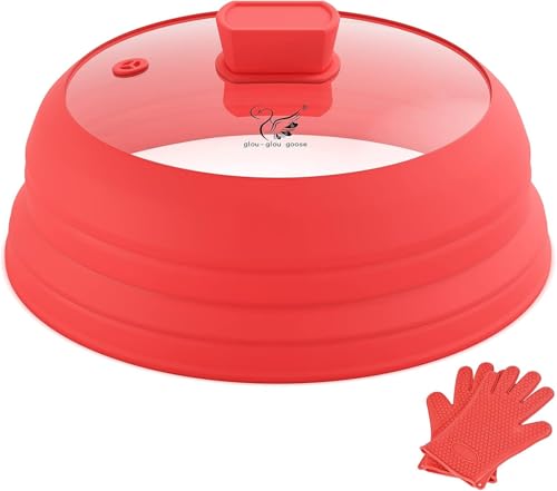 Microwave Splatter Cover Glass with Collapsible Silicone for Food Cover Plate Cover 10.8 inch with Anti (Red with Red Gloves / 10.8 inch)