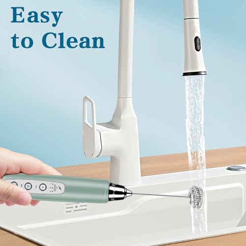Milk Frother Wand Rechargeable Handheld Whisk Coffee 3 Speed Adjustable (Frother with stand / Morandi Green)