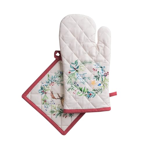 100% Cotton Oven Mitt & Pot Holder Set (100 - Holly Time / 7.5" x 13" & 8" x 8" (Oven Mitt & Pot Holder))