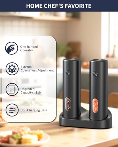 Rechargeable Electric Salt and Pepper Grinder Set with Charging Base (Midnight Black)