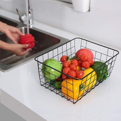 Kitchen Wire Baskets Farmhouse Decor Metal Food Storage Organizer (Black / 2 Pack Small)