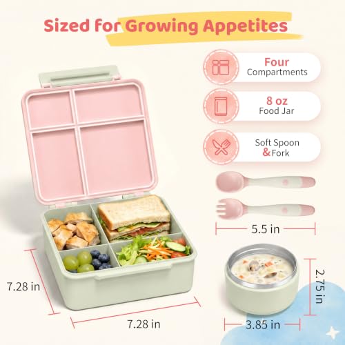 Bento Lunch Box with 8oz Soup Thermo (Green-Pink)