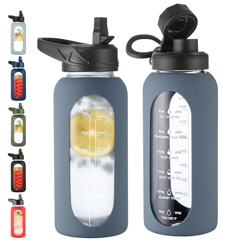 32 oz Glass Water Bottle with Straw (Smog Blue / 32 Ounces)
