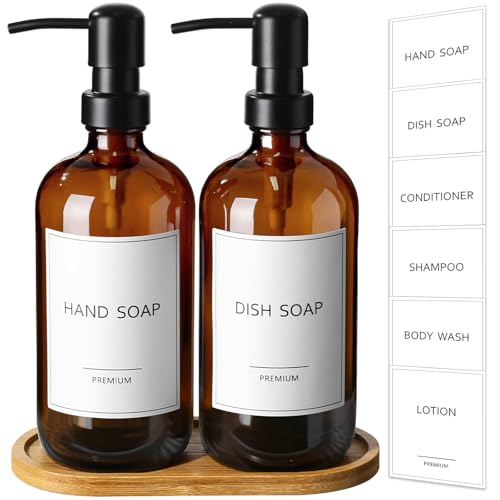 Amber Glass Soap Dispenser (Amber Bottle + Black Pump + Bamboo Tray / 2 Pack + Tray)
