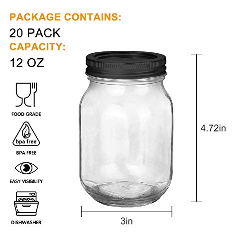 20 Pack Mason Jars (12oz - Split Black Lid)