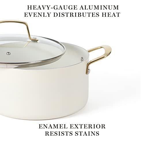 Lockton Premium Non stick Non Toxic PFA Free Ceramic Interior 10 Piece Heavy Gauge Enamel Aluminum Pots and Pans Cookware Set (10-Piece Cookware Set / Linen w/ Gold Handle)