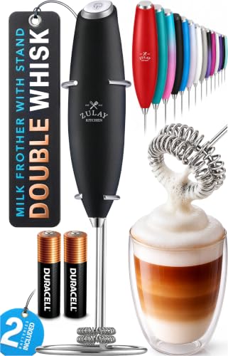 Powerful Milk Frother Wand With Duracell Batteries (Zulay Black / Double Whisk + Batteries)