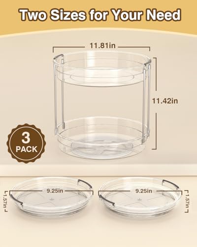 3 Pack Clear Lazy Susan Turntable 9'' & 11.8'' for Cabinet (11.8in 2-Tier + 2×9.25in)