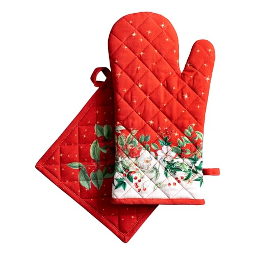 100% Cotton Oven Mitt & Pot Holder Set (107 - Noel / 7.5" x 13" & 8" x 8" (Oven Mitt & Pot Holder))