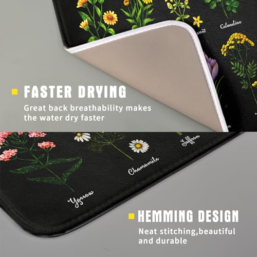 Black Flower Herbs Dish Drying Mat 16x18 Inch Botanical Floral Microfiber Drying Mats with Hanging Loop Foldable Absorbent Dish Drainer Rack Pad (Black Flower Herbs / 16" x 18")
