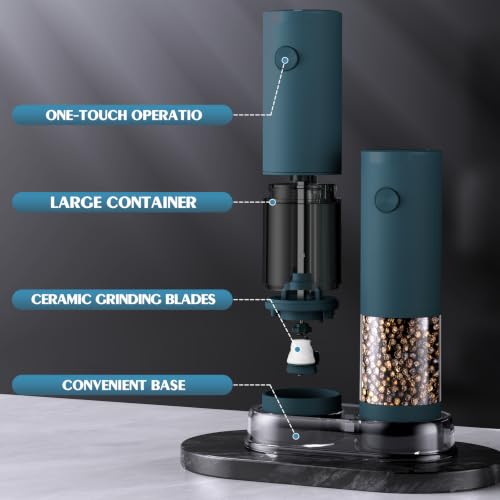 Electric Salt and Pepper Grinder Set Automatic Battery Pepper Mill Shakers Adjustable Coarseness Upgraded Larger Capacity with Led Home and Kitchen Appliances (Teal)