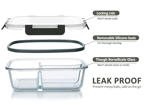 5 Pack,36 oz, 3 Compartments Glass Meal Prep Containers with Lids (Gray)