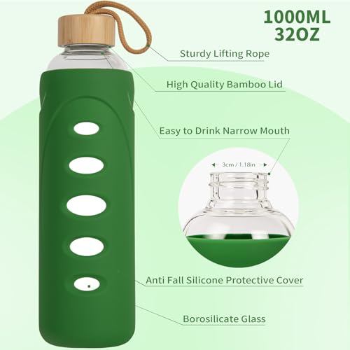 32 oz Narrow Mouth Glass Water Bottle with Windowed Silicone Sleeve (Dark Green)