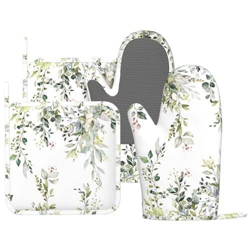 Sage Green Eucalyptus Oven Mitts and Pot Holders Sets Silicone Watercolor Butterfly Leaves Kitchen Mitts Potholders Heat Resistant 4Pcs Oven Gloves Hot Pads for Kitchen Baking Cooking (Green Eucalyptus)