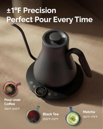Gooseneck Electric Kettle with Precise ±1℉ Temperature Control (Matte Grey)