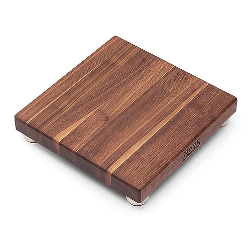 B Series Square Wooden Walnut Cutting Board 12”x12” (9"L x 9"W / Walnut with Stainless Steel Feet)