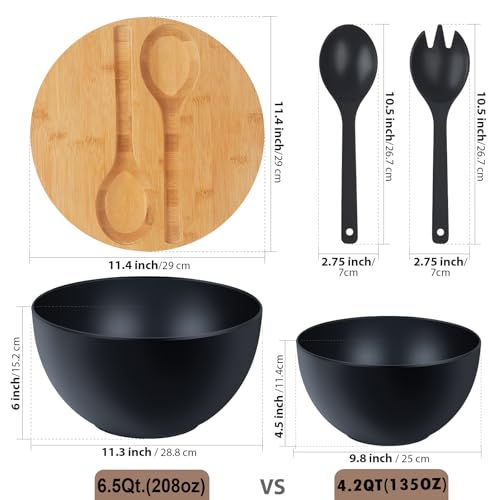 11.3" Extra Large Salad Bowl with Wooden Lid & Servers (11.3 inch / Matte Black)