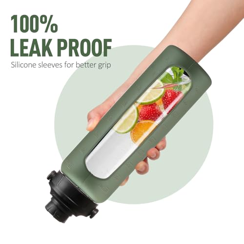 32oz Glass Water Bottle with Straw and 2 Lids (Olive / 32 Ounces)