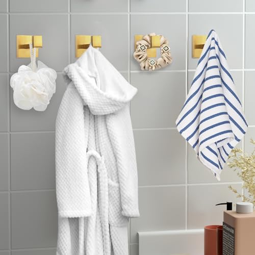 4 Pack Towel Hooks Hand Towel Holder Bathroom Robe Hanger Gold (Square / Gold)