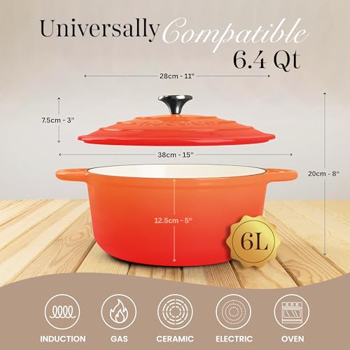 Enamelled Cast Iron Dutch Oven Pot with Lid (Orange / 6.4-Quart - Deep)