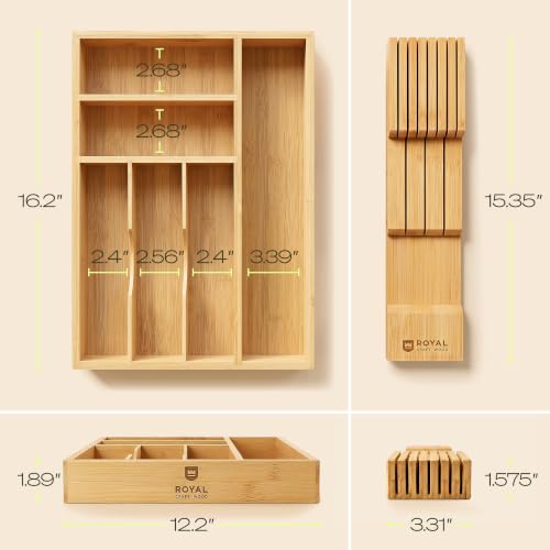Drawer Organizer with Knife Block for Kitchen Organization (Natural / 6 Slot)
