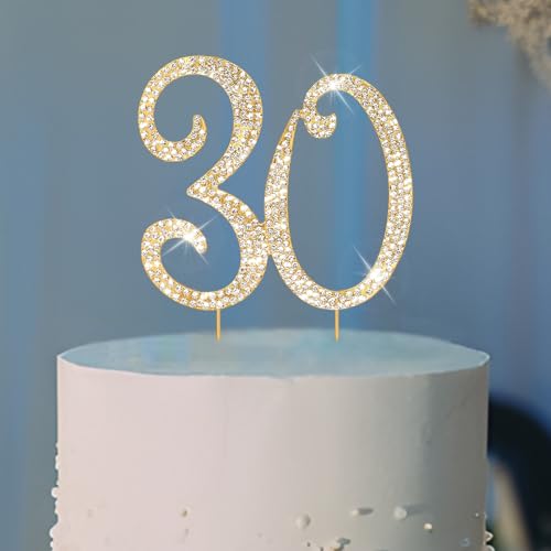 30th Birthday Decorations for Women Rhinestone Gold Cake Topper (30)