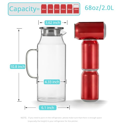 3 Pack 2 Liter 68 oz 2.1 Qt Glass Pitcher with Lid and Handle (Clear / 68 Ounces (3 Pack))