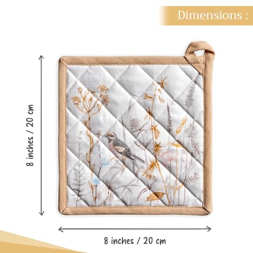 Pot Holders 100% Cotton Potholders (088 - Meadow Florals - Beige / 8" x 8" (Pot Holder Pack of 2))