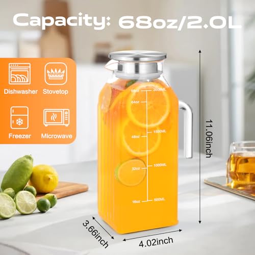 68oz Glass Pitcher with Lid and Handle for Fridge (Clear Square)