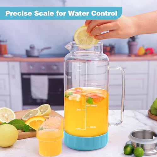 68oz Glass Pitcher with Lid and Handle for Fridge (Blue Silicone)