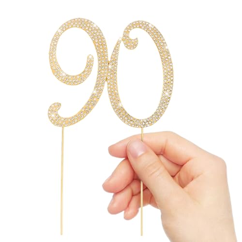 Gold 90th Birthday Cake Topper Rhinestones Cake Decorations for 90th Birthday Party (90th- Gold)