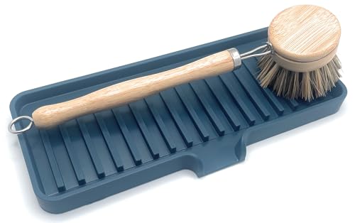 Silicone Soap Dish Tray and Sponge Holder with Drain Chute (Smoky Blue / (MD) 9"x3.5")