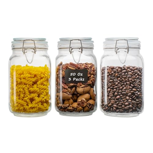 50oz Square Glass Food Storage Jars with Airtight Clamp Lids 3 Pack (Clear 50oz Square - 3 sets)