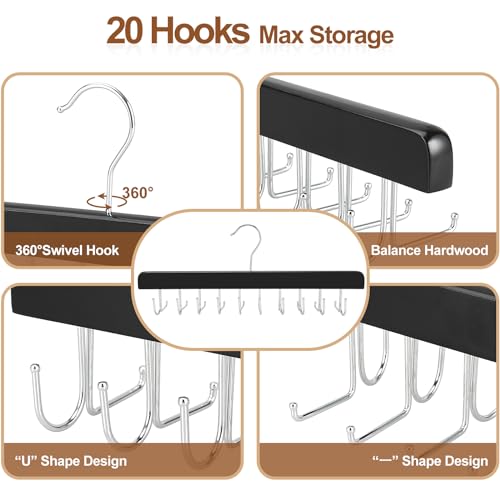 20 Hooks 2 in 1 Belt Tie Hanger Max 30 Belts 30 Ties Capacity (Black)